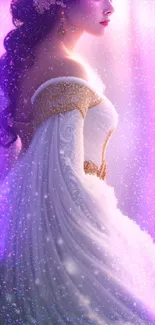 Elegant winter princess in white gown with gold in a snowy setting.