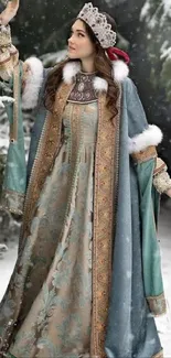 Woman in a royal attire standing in a snowy forest, winter theme.