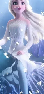 Winter princess with flowing white hair and snowflakes mobile wallpaper.