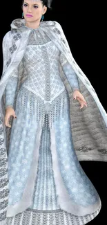 Elegant winter queen with icy blue gown and detailed patterns on black background.