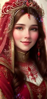 Woman in elegant red clothing with a snowy background, perfect for winter theme.