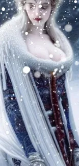 Snow maiden in elegant attire with snowy background art.