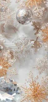 Elegant gold and crystal snowflakes mobile wallpaper.