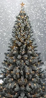 Snow-covered Christmas tree with lights and star topper on a winter background.