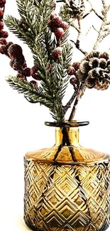 Amber vase with winter branches and berries