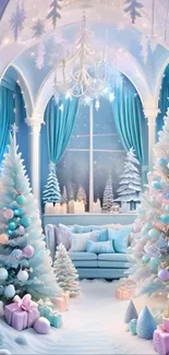 Elegant winter wonderland decor with trees and pastel accents.