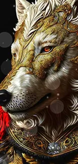 Elegant wolf art wallpaper with red rose accents.