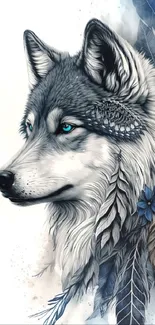 Intricate wolf artwork with blue feather accents in a detailed artistic style.