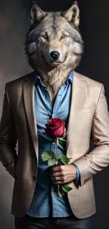 A wolf in a suit holding a red rose on a mobile wallpaper.