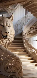 Intricately carved wolf staircase design with natural light.