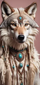 Elegant wolf with tribal jewelry on blush pink background.