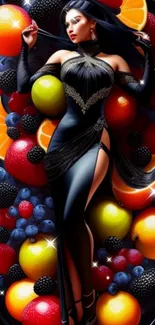 Elegant woman surrounded by colorful fruits in an artistic phone wallpaper.