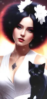 Elegant woman with afro and black cat on an orange background.