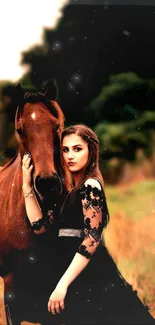 Elegant woman with horse in natural setting wallpaper.