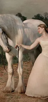 Elegant woman in gown with white horse in serene countryside.