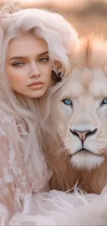 Elegant woman with majestic white lion in artistic wallpaper.