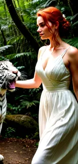 Woman in white dress with a white tiger in a lush green jungle.