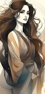 Elegant woman illustration with flowing hair and soft colors.