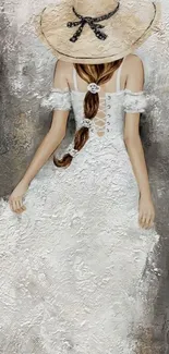 Elegant woman in white dress with hat painting.