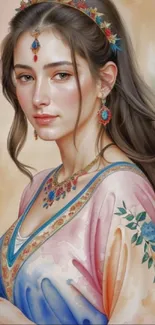 Artistic portrait of a woman with colorful attire.