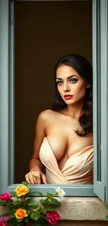 Portrait of an elegant woman at an open window.