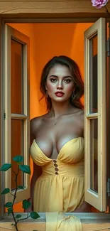 Woman in yellow dress at an open window adorned with flowers.