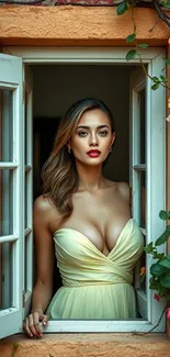 Elegant woman in yellow dress by a window with flowers.