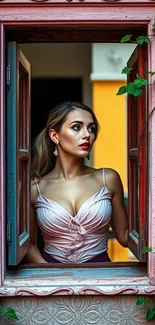 Woman in elegant outfit looking out of a decorative window.