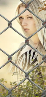 Stylish woman behind a fence in nature with a serene ambiance.