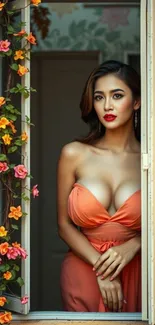 Woman in a coral dress stands elegantly by a floral window.
