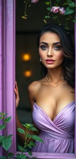 Elegant woman in purple dress framed by a window with flowers.