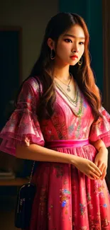 Elegant woman in pink dress by a sunlit window, capturing beauty and serenity.