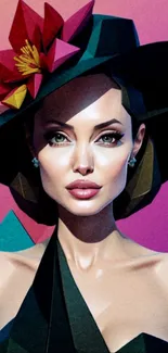 Digital art of a stylized woman wearing a hat with geometric details.