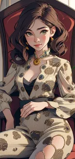 Illustration of a stylish woman in a patterned beige outfit seated in an armchair.