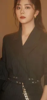 Elegant woman in a black pinstripe suit posing gracefully.