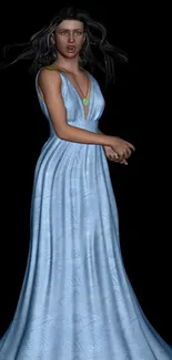 Elegant woman in a flowing blue dress on a dark background.