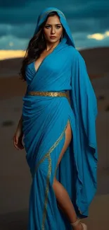 Woman in elegant blue gown in a desert