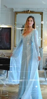 Woman wearing an elegant sky blue gown in a stylish room.