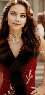 Elegant woman in a burgundy dress with jewelry.