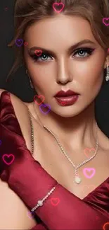 Elegant woman with burgundy gloves and jewelry in a stylish portrait.