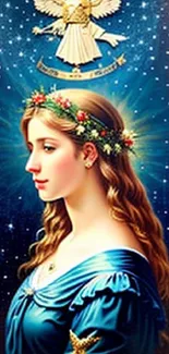 Elegant woman with floral crown in a celestial starry background.