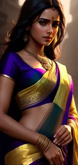 Woman in vibrant purple and yellow saree standing gracefully.