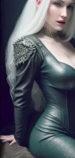 Elegant woman in dark green leather outfit.