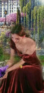 Woman in a burgundy gown amidst an enchanted garden with a butterfly.