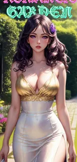 Anime woman in a gold dress standing in a garden pathway.