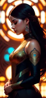 Elegant woman in dark ambient lighting with golden detailing and artistic design.