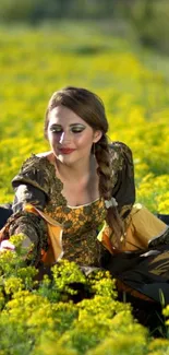 Woman in medieval dress in vibrant flower field.