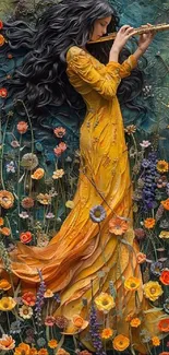 Woman in orange dress playing flute surrounded by flowers.