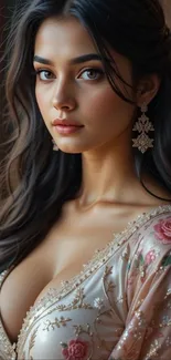 Elegant woman in floral dress, stylish portrait.