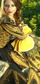 Woman in brown gown among yellow flowers in nature.